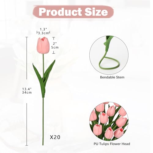 Image of 20 Pcs Baby Pink Tulips Artificial Flowers Real Touch Fake Tulips Fake Flowers for Mother's Day 13.5 inch Faux Tulips Faux Flowers Bulk Artificial Tulips Flowers for Vase Centerpieces Home Wedding Bouquet