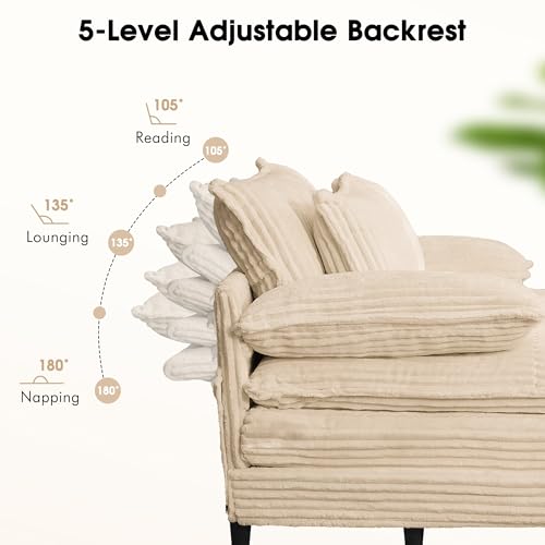 Image of WESTSETLUX 54.8 inch W Oversized Chaise Lounge Chair Indoor with 5-Position Adjustable Backrest, Corduroy Sleeper Sofa Bed with 3 Pillows, Modern Cloud Couch Chair for Living Room, Bedroom, Khaki