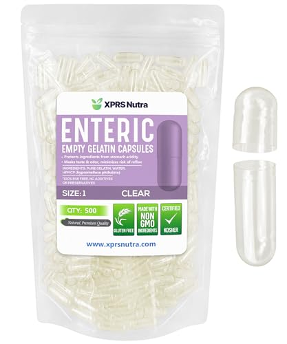 XPRS Nutra Size 1 Empty Capsules - 500 Count Clear Enteric Coated Empty Gelatin Capsules - Delayed Release Pills - DIY Capsule Filling - Pure Bovine Empty Enteric Gel Caps