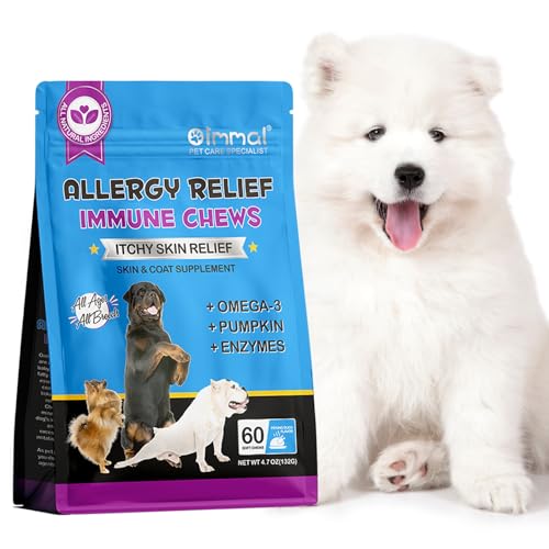 Juckreiz und Immunkauen für Hunde, Haustier Allergie Relief Immunität Treats, 60pcs Hund Juckreiz Haut Relief Fell Gesündere Ergänzung, Stoppen Pawlicking, Anti Juckreiz für alle Rassen und Größen