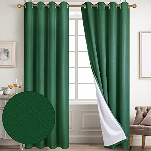 Diraysid 100% Blackout Curtains Dark Green Linen Curtains for Bedroom Grommet Thermal Insulated Room Darkening Drapes (2 Panels, W52 x L84 Inch)