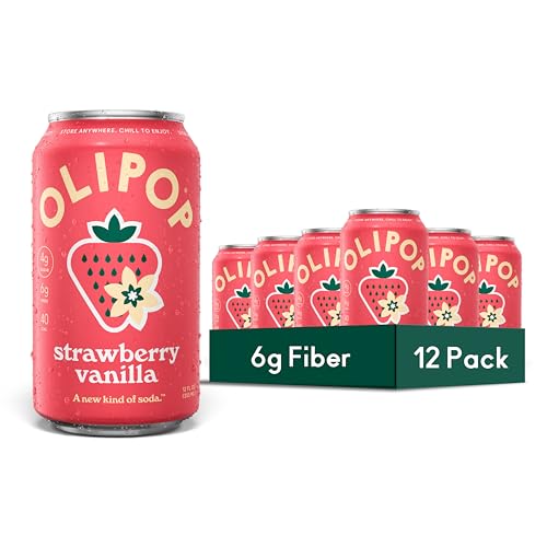 Image of OLIPOP Prebiotic Soda Pop, Strawberry Vanilla, Pantry Pack Packed with Prebiotics, Fiber, and Botanicals, Gluten Free, GMO Free, 12oz (12-Cans) (Packaging May Vary)