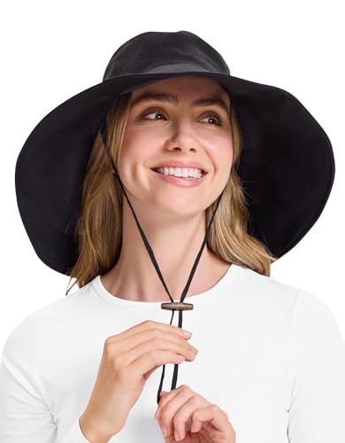 Solbari Womens Cotton Linen Sun Hat UPF 50+ Wide Brim Packable UV Protection Ponytail Opening & Adjustable Fit - Black - Large-X-Large