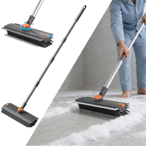 デッキブラシ 掃除用ブラシ 水切りワイパー付き タイルブラシ V型 360度回転 デッキブラシ 4段ポール 76cm-138cm 長さ調節可能 ハードタイプぶらし お風呂床ぶらし 屋外 玄関 厨房 廊下 庭 ベランダ 浴室に適用