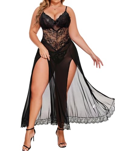 Image of Alrovetoney Plus Size Lingerie For Women Babydoll Sexy Mesh Maxi Nightdress Exotic Sleepwear Side Slits