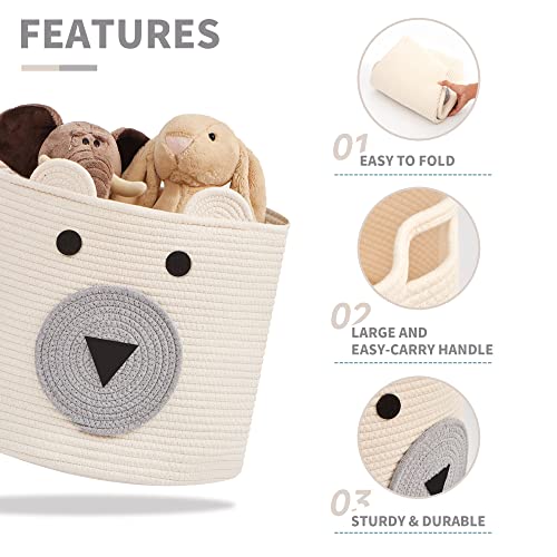Cotton Rope Storage Basket, Cute Bear Basket With Handles, Nursery Storage, Baby Nursery Basket For Toys, Clothes, Towels, Animal Baskets As Gift For Kids, White, 12”(D) X 11”(H) #TOP1