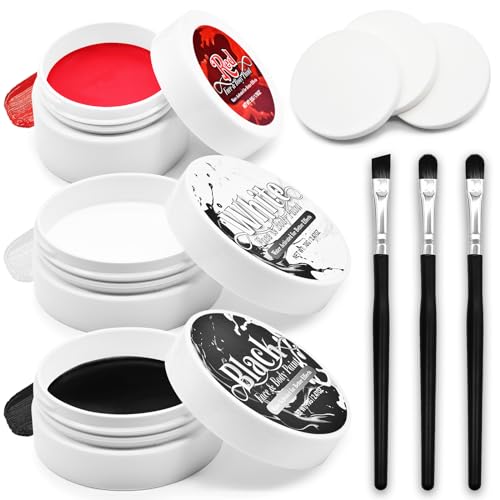3-Piece Red Black White Face & Body Paint Set - Professional Corpse Cosplay SFX Makeup Kit for Halloween, Skeleton, Skull , Clown, Vampire, Zombie, Full Coverage Skin Paints for Adults