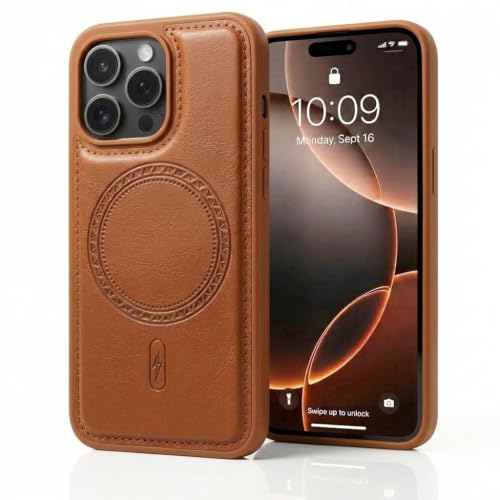 Image of amazon basics Premium PU Leather Case for iPhone 16 Pro, MagSafe Compatible Magnetic Ring, Sleek Protective Back Cover - [Tan]