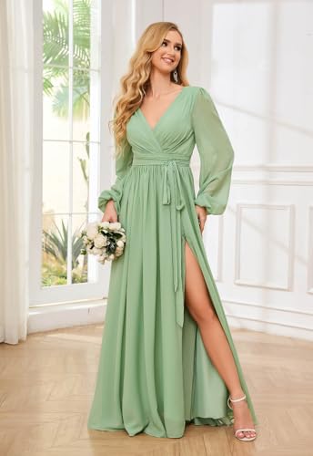 Women's Long Sleeve Bridesmaid Dresses for Wedding Chiffon Pleated Formal Evening Gown with Slit4
