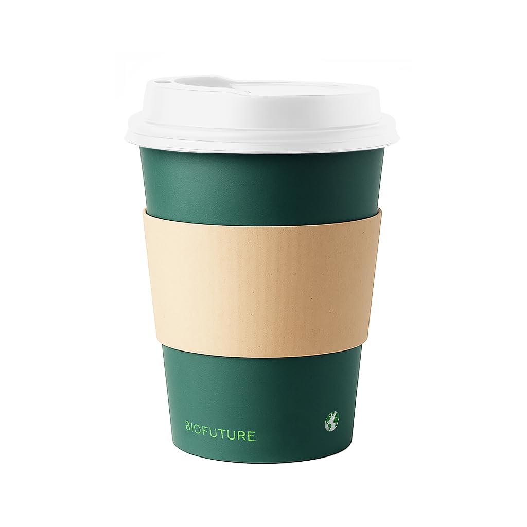 BIOFUTURE 50 x 12oz Disposable Coffee Cups Compostable Paper Cups with White Lids and Sleeves, Eco-Friendly & Biodegradable, Ideal for Hot Drinks, Takeaway or Travel, EN 13432 Certified (Green)