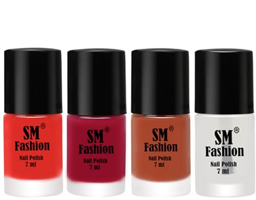 Image of Nail Polish Combo Set (Pack of 4) Quick Dry Gel Finish Nail Paint | Candy Orange,Dark Magenta,Light Coral,Top Coat | 7 ml Each