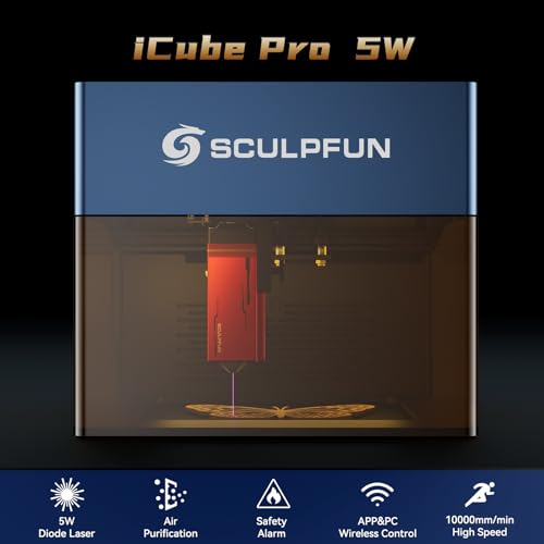 SCULPFUN iCube Pro 5W Laser Engraver, Laser Engraver and Cutter Machine with Smoke Filter Temperature Alarm, Portable Laser Engraving Machine for Wood, Metal and Acrylic, 130 x 130 mm