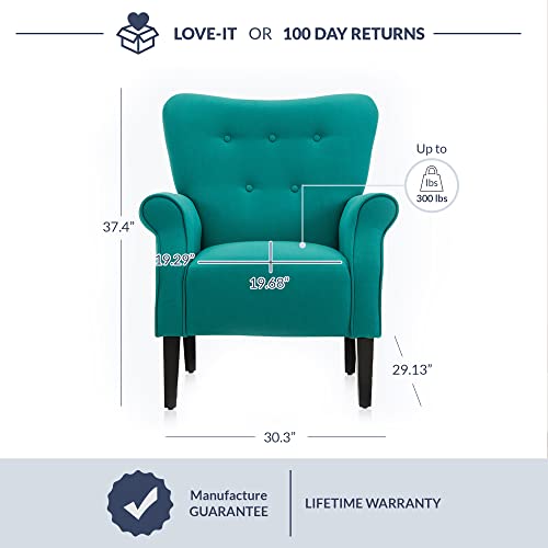 Belleze Modern Accent Chair Armchair For Living Room Or Bedroom With Wooden Legs, High Back Rest, Padded Armrest, And Comfortable Cushioned Seat - Allston (Mallard Teal) #TOP2