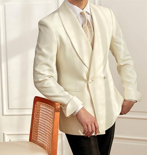Men's White Shawl Lapel Double Breasted Formal Tuxedo Blazer Jacket, Two Side Pockets3