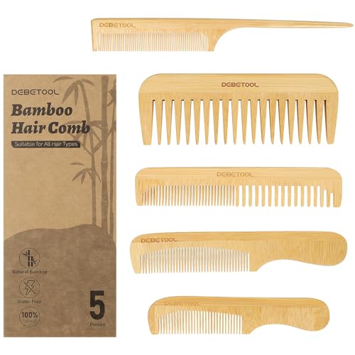 DEBETOOL 5 Pieces Bamboo Comb Set - Natural Wooden Combs for Women Hair Growth, Anti-Static Wood
