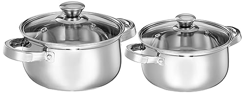 Amazon Brand - Solimo Set of 2 Stainless Steel Cook and Serve Set | Glass Lid | Dishwasher-Safe, 2L 500 ml