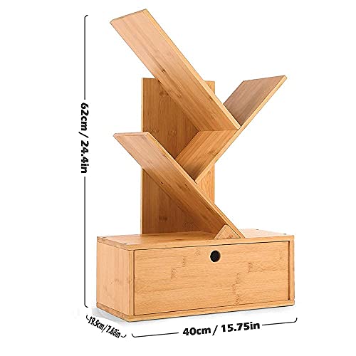 Hynawin Bamboo Tree Bookshelf With Drawers, Countertop Organizer, 3-Tier Desktop Display Bookcase In Living Room/Home/Office, Free Standing Storage Rack For Books/Magazines/Cds/Files/Photo Albums #TOP5