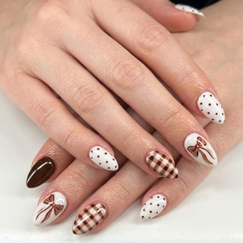Medium Almond Press on Nails Brown Brown Plaid and Polka Dot Glue on with Bow Designs Glossy Coffee Neutral Fake Nails for Women Fall Everyday Wear 24 Pcs