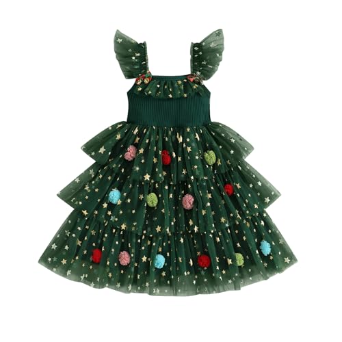 Toddler Christmas Dress Xmas Tree Glitter Star Pompom Embroidery Tulle Tiered Twirl Holiday Dresses Cake Smash Photo