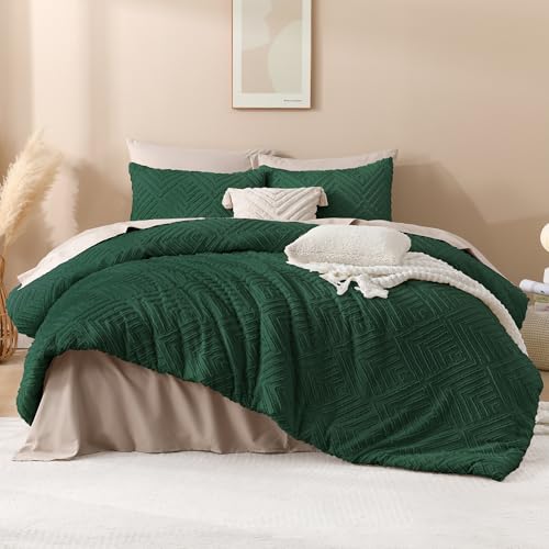 Image of Andency Dark Emerald Green Oversized King Comforter 128''x120'', 3 Pieces Soft Boho Bedding Set & Collections, All Season Farmhouse Tufted Fluffy Bed Set (1 Comforter, 2 Pillowcases)