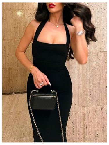 SOLY HUX Women's Halter Dress Sleeveless Backless Bodycon Split Back Cocktail Party Midi Dresses4