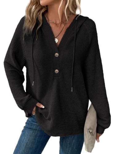 Image of Dokotoo Hoodies for Women Waffle Knit Button V Neck Casual Sweatshirt Tops