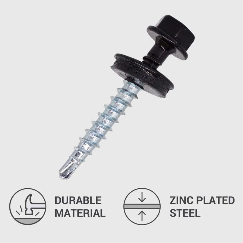 (Pack of 250 pcs) Metal Roofing Screws, 3/16 x 1-3/8 (4.8 x 35 mm) Painted Self-Drilling Screws with EPDM Washers, Sheet Metal Hex Screw, Jet Black RAL 9005