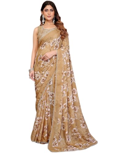 Image of Satrani Women's Georgette Floral Printed Saree with Unstitched Blouse Piece