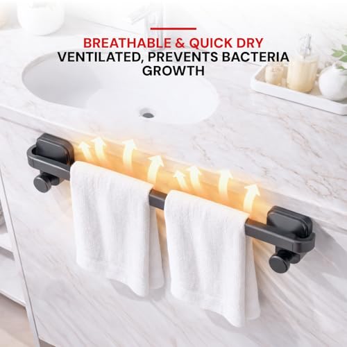 Image of MIORAH Suction Towel Holder for Bathroom - Rust - Free Powder Coated Wall Mounted Towel Rack No Drill Towel Rack Modern Bathroom Accessories Organizer Grey