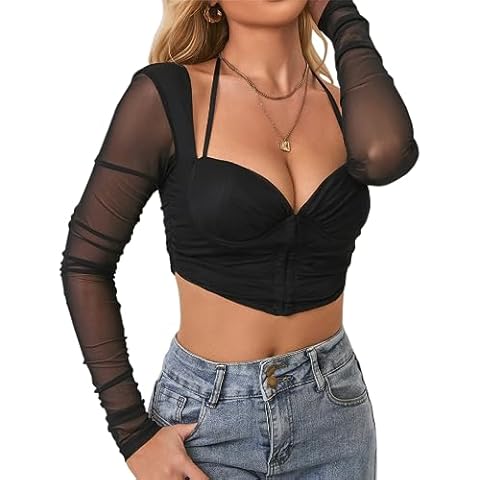 MOALLUOM Women's Sheer Long Sleeve Corset Crop Tops V Neck Halter Mesh Ruched Backless Sexy Going Out Bustier Top (as1, alpha, l, regular, regular, Black) Cover