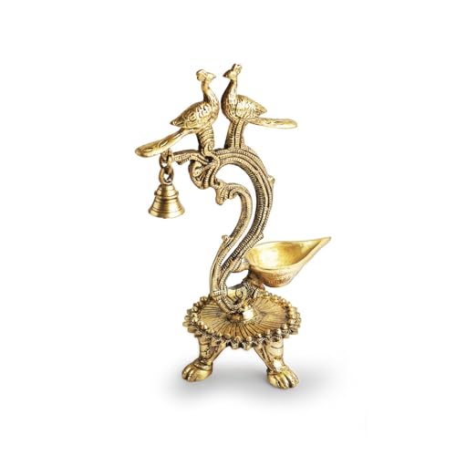Image of ExclusiveLane 'Peacock Pair' Brass Oil Diya for Pooja Room With Gem Work (100% Pure Brass, 1 Wick, 20 ml, 1.3 Kg)|Brass Diyas for Pooja Diyas for House Warming Table Diya Diwali Return Gifts for Pooja
