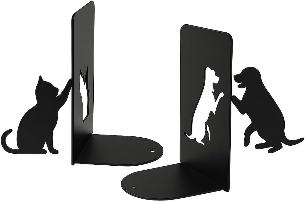 Dog Bookends, Cat Book Ends Metal Bookshelf Organizer, Heavy Duty Decorative and Book Holder, 4.9×3.2×6.9 in (Black)