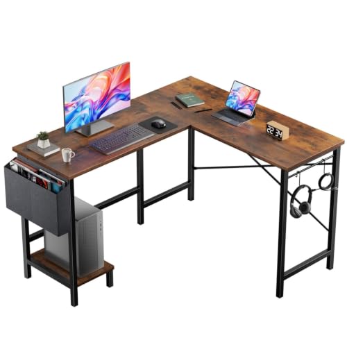 Image of Simple Deluxe L-Shaped Corner Desk with PC Stand, Storage Bag & Hooks - Reversible, Sturdy Steel Frame, Waterproof Top, 4 Colors (Brown)
