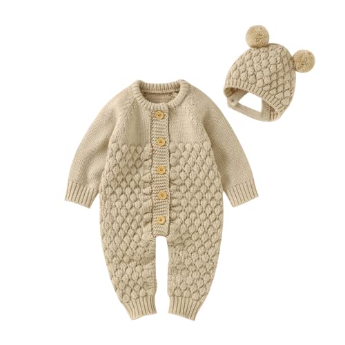 Image of Wugugu Baby Girls Boys Rompers Caps Outfit Newborn Infant Knitted Jumpsuits Hats Suit Solid Unisex Long Sleeve Soft Warm Winter Spring Bodysuit Clothes Brown 0-3 Months