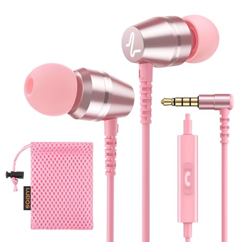 Image of LUDOS OMNITONE Wired Earbuds in-Ear Headphones, 5 Year Warranty, Earphones with Microphone, 3.5 mm Jack Corded Ear Buds, Videoconference for iPhone, Samsung, Laptop, Kids, School Students - Pink