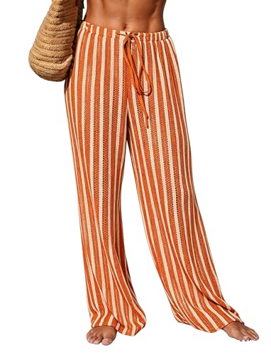 Image of ZAFUL Womens Beach Cover Up Pants Sexy Crochet Drawstring Elastic Boho Swimsuit Cover Up Long Pants Beach Wear