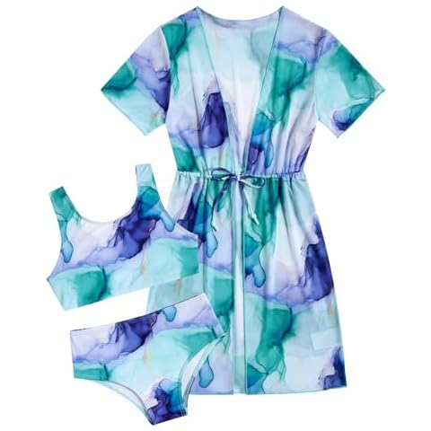 AIDEAONE Girls 3 Piece Swimsuit Cute Marble Print Bathing Suit Quick Dry Bikini Set with Kimono Blue for 11-12 Years Cover