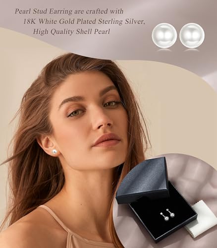 Sterling Silver Pearl Earrings for Women 18K Gold Plated Small Pearl Stud Earrings White Pearl Flat Back Earrings Brides Bridesmaids Wedding Earrings Jewelry3