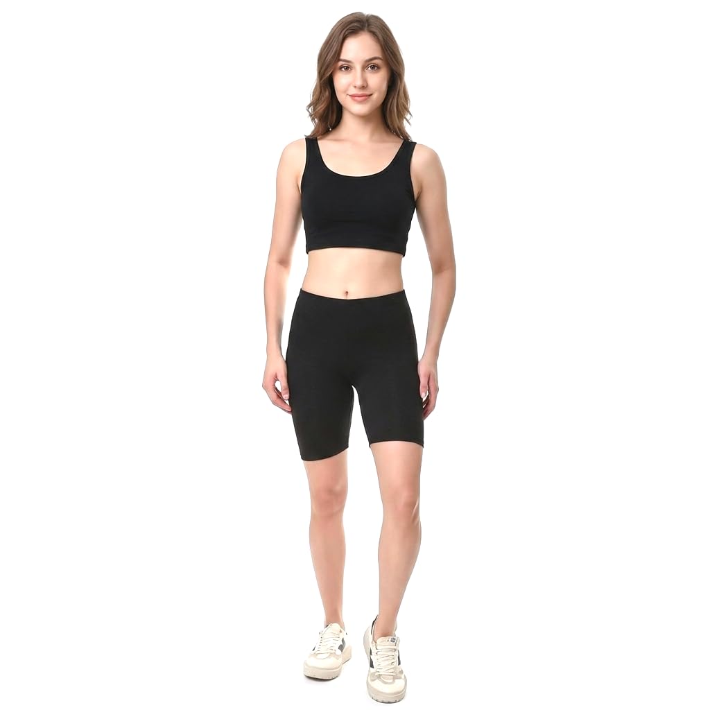 Women's Cotton Mid Waist Cycling Shorts, Black, Stretchable Biker Workout Shorts with Inner Elastic, Fitness Sports Shorts-image-48