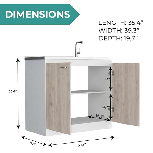 Image of Tuhome Napoles Utility Sink Base Cabinet with Integrated Stainless Steel Countertop, Freestanding Cabinet with Double Doors, Interior Shelf for Laundry Room, Utility Room, Mudroom or Kitchen