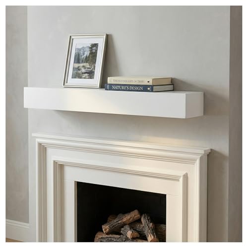 60 Inch Paulownia Floating Fireplace Mantel Shelf, Solid Western Red Cedar Wood Wall Mounted Mantel, 70 LBS Load Capacity, Rustic White Finish for Living Room, Kitchen, Home Decor
