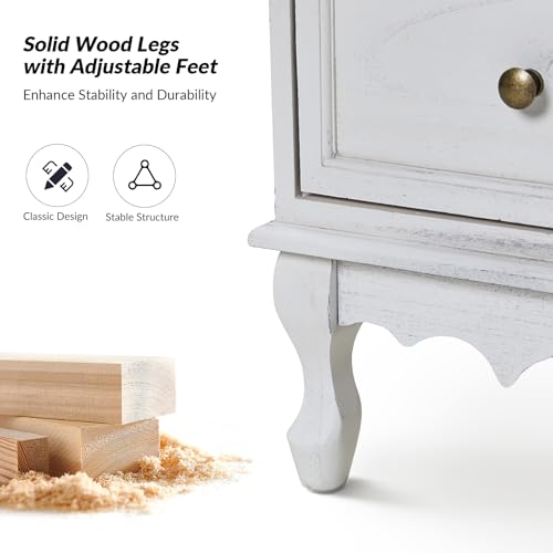 HULALA HOME 3-Drawer Nightstand with Charging Station, Drawer Organizer with Wood Legs, Farmhouse Solid Wood Nightstand Set of 2(White)