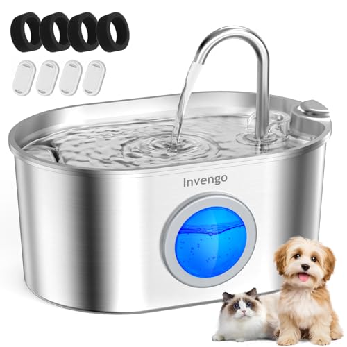 Invengo MeowFlow B30 Fuente de Agua para Gatos y Perros, 2.2L Fuente de Agua de Acero Inoxidable con Ventana Visible, Fácil de Limpiar, Incluye 4 Filtros de Repuesto
