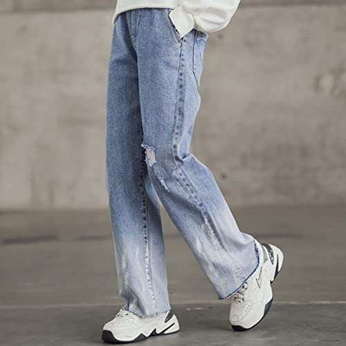 Milokado Onlyangel Kids Girls Washed Elastic Waist Wide Leg Jeans Size 4-14 Years (Blue With Ripped 2, 13-14 Years) #TOP4