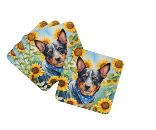 Caroline's Treasures Australian Cattle Dog in Sunflowers Foam Coasters Set of 4 Cup Coasters for Indoor Outdoor, Tabletop Protection, Anti Slip, Mouse pad Material