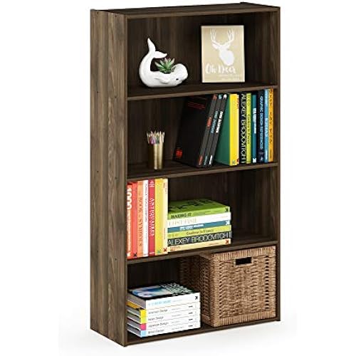 Furinno PASIR Book Shelf, 4-Tier Bookshelf, Bookcase with Open Shelf, 9.4 x 23.6 x 41.7, for Living Room, Bedroom, Home Office, Columbia Walnut