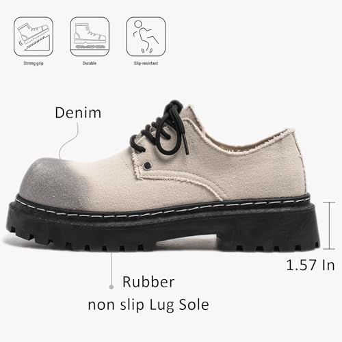 Men's Denim Lace Up Platform Chunky Heel Oxford Shoes Classic Round Toe Comfortable Anti-Slip Lug Sole Formal Derby Shoes for Wedding Business Dress3