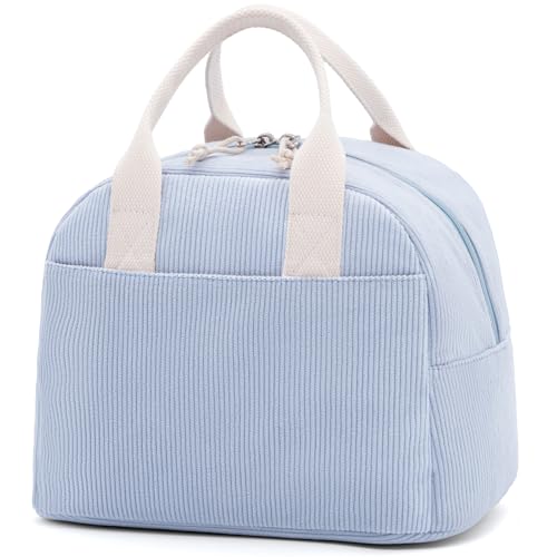 LOVELYWIND Insulated Cloud Blue Lunch Bag for Women, Stylish Corduroy Tote with Aluminum Lining, Large Capacity Reusable Cooler for Work, Travel, Beach or Picnic, Cloud Blue Water-Resistant Lunch Box