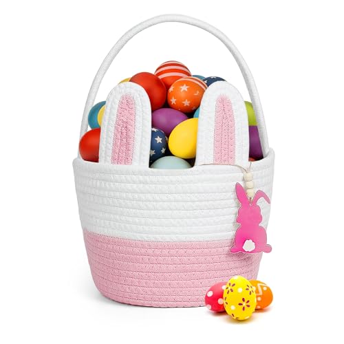 Image of Easter Basket, Bunny Easter Baskets for Kids, Pink & White Baskets with Handle for Gifts Empty, Bunny Egg Hunting, Basket Stuffers Essentials