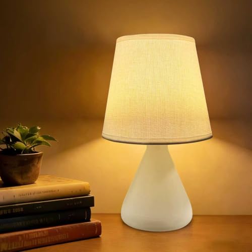 Hyphenx USB Powered Warm Light Farmhouse Bedside Lamp for Bedroom, Nightstand Table Lamp with Fabric Shade, Desk Lamp for Kids Reading and Home Office (White) 